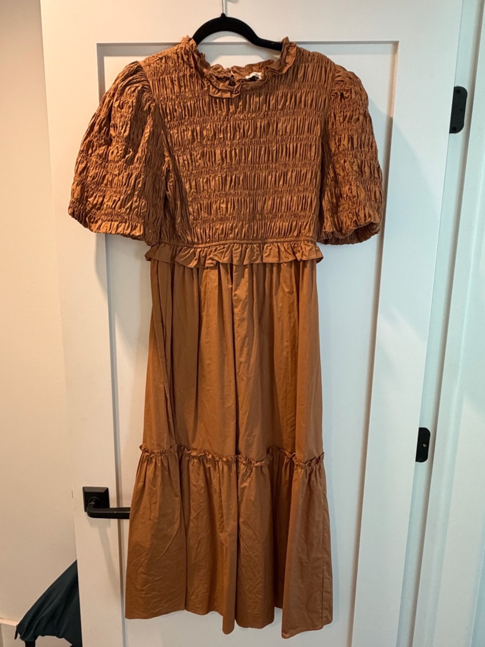 Moon River Rust Brown Smocked Dress with Ruffle Neckline